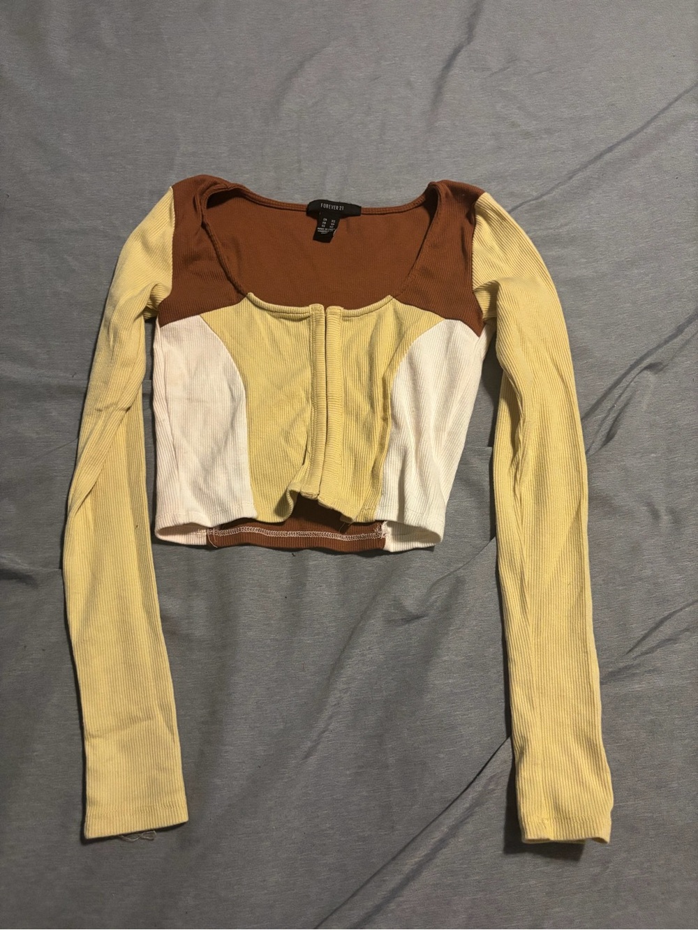 Forever 21 Yellow, Brown & White Colorblock Ribbed Long Sleeve Crop Top